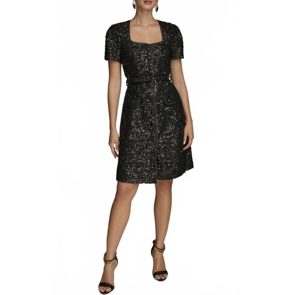 Donna Karan Black Sequin Knee-Length Dress with Belt